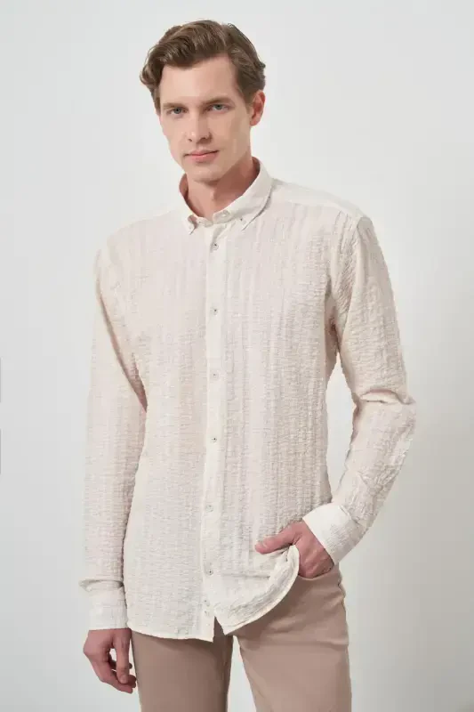 Modazone Erkak Bej Paxta Trend Slim Fit Tugmali Yoqali Ko'ylak - MORVEN