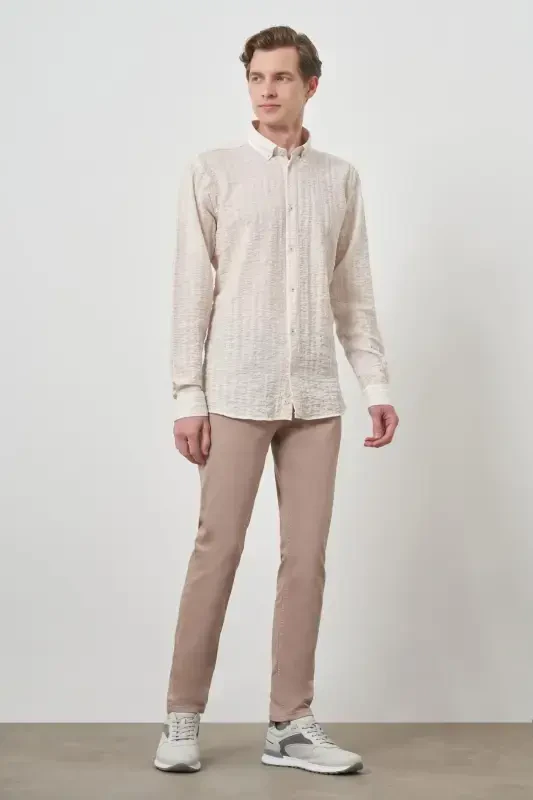 Modazone Erkak Bej Paxta Trend Slim Fit Tugmali Yoqali Ko'ylak - 2