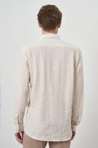 Modazone Erkak Bej Paxta Trend Slim Fit Tugmali Yoqali Ko'ylak - 4