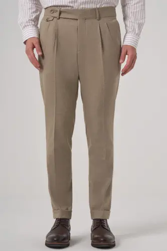 Modazone Erkak Bej Poliviscon Trend Naqshli Slim Fit Juft Burmali Shim - 1