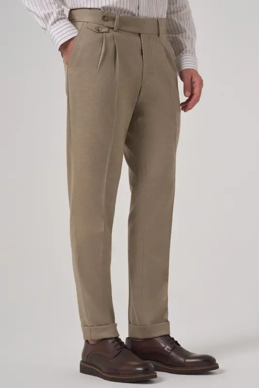 Modazone Erkak Bej Poliviscon Trend Naqshli Slim Fit Juft Burmali Shim - 2