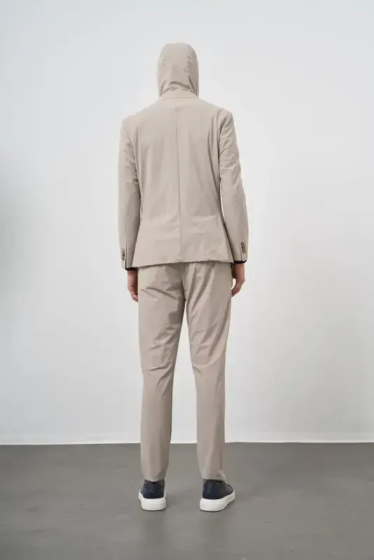 Modazone Erkak Bej Polyamide Torba Cho'ntak Qalpog'li Slim Fit Mono Yoqali Sport Kostyum - 5