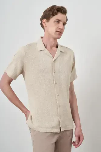 Modazone Erkak Bej Trend Keten Regular Fit Apaş Yoqa Qisqa Yeng Ko'ylak 