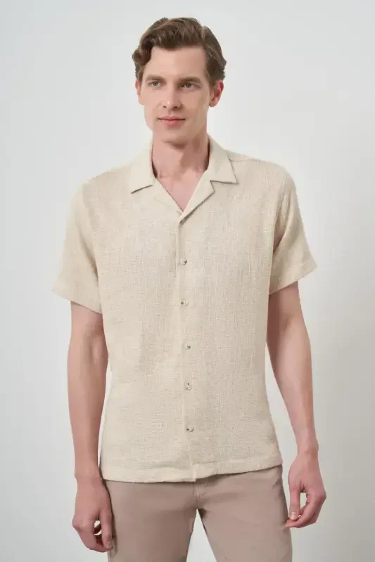Modazone Erkak Bej Trend Keten Regular Fit Apaş Yoqa Qisqa Yeng Ko'ylak - 3