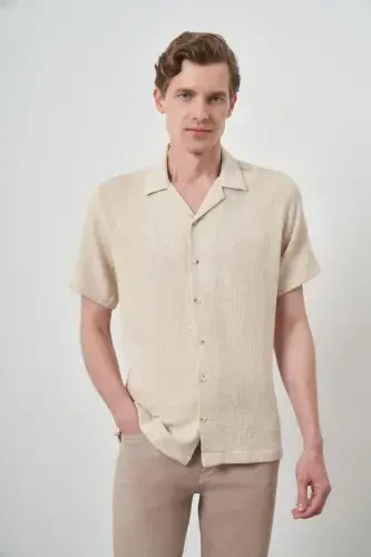 Modazone Erkak Bej Trend Keten Regular Fit Apaş Yoqa Qisqa Yeng Ko'ylak - 4