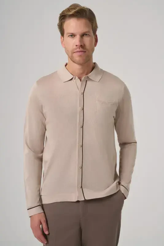 Modazone Erkak Bej Trend Polo Yoqali Ko'ylak Triko - 1