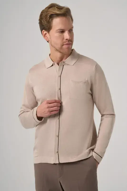 Modazone Erkak Bej Trend Polo Yoqali Ko'ylak Triko - 2