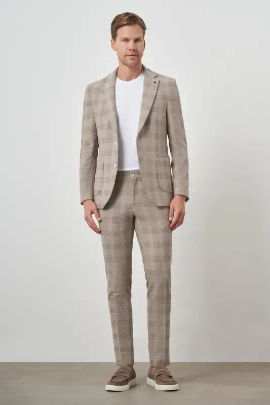 Modazone Erkak Bej Trend Slim Fit Mono Yoqa Kostyum - 2