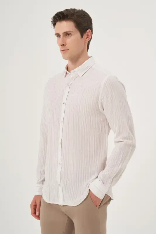 Modazone Erkak Bej Zig'ir Trendi Dinamik Fit Britli Yoqali Ko'ylak - 4