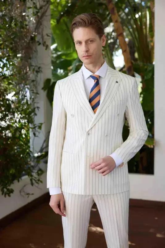 Modazone Erkak Beyaz Poliviskon Trend Kruvaze Slim Fit Sivri Yaka Takım Elbise - 2