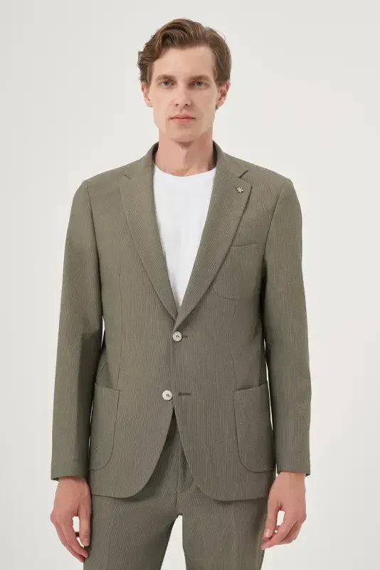 Modazone Erkak Chog'a yashili poliviskon trend chiziqli slim fit mono yoqa kostyum - MORVEN