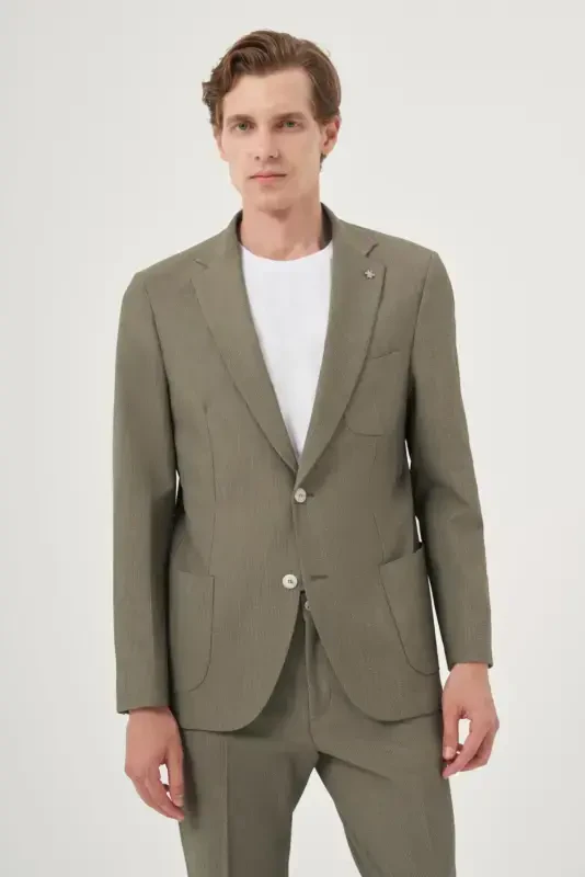 Modazone Erkak Chog'a yashili poliviskon trend chiziqli slim fit mono yoqa kostyum - 2