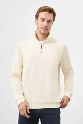 Modazone Erkak Ekru Fermuarli Bato Yoqa Sweat-Shirt - 3