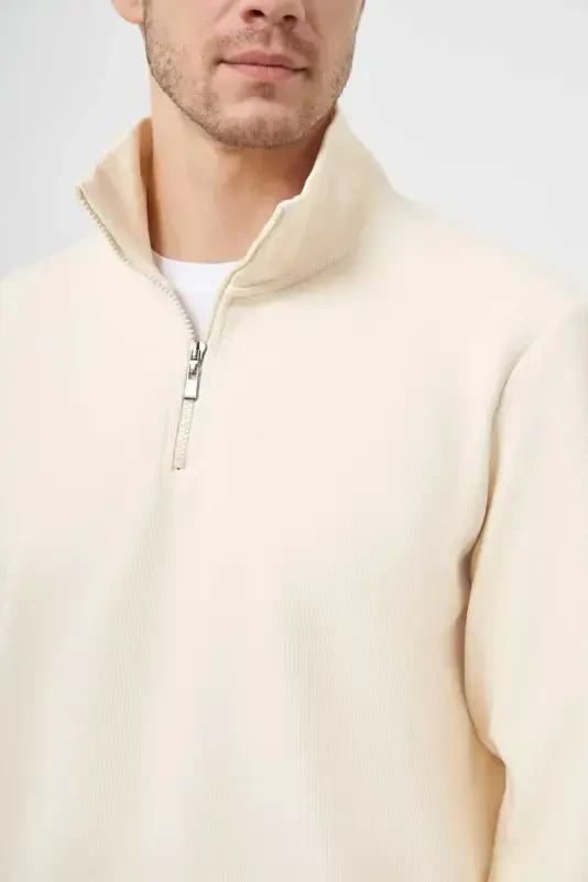 Modazone Erkak Ekru Fermuarli Bato Yoqa Sweat-Shirt - 4