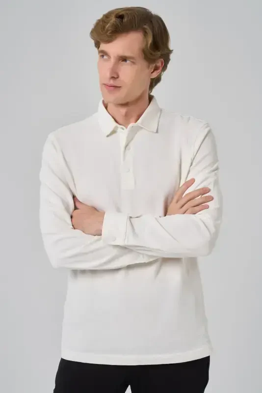 Modazone Erkak Ekru Paxta Trend Daraxt Po'stlog'i Naqshli Dinamik Fit Polo Yoqali Sweat-Shirt - 3