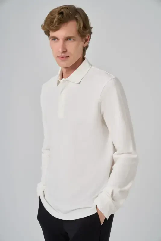 Modazone Erkak Ekru Paxta Trend Daraxt Po'stlog'i Naqshli Dinamik Fit Polo Yoqali Sweat-Shirt - 4