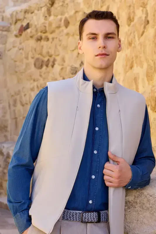 Modazone Erkak Ekru Poliamid Sport Yopiq Cho'ntak Fermuarli Nimcha - MORVEN