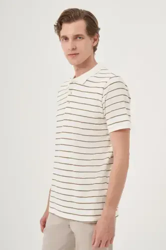 Modazone Erkak Ekru Trend Chiziqli Dinamik Fit Polo Yoqali T-Shirt - 2