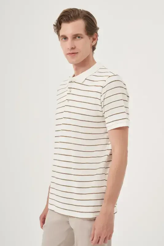 Modazone Erkak Ekru Trend Chiziqli Dinamik Fit Polo Yoqali T-Shirt - 2