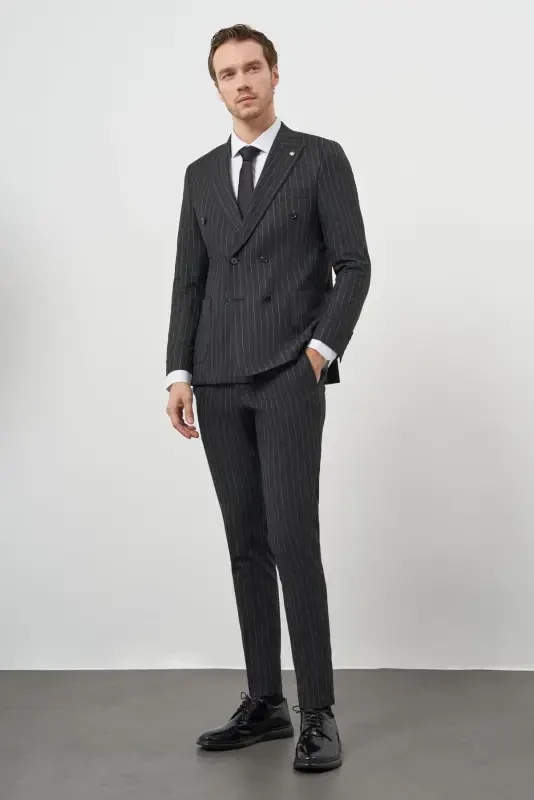 Modazone Erkak Fumo Poliviscon Trend Kruvaze Slim Fit Sivri Yaka Takim Elbise - 3