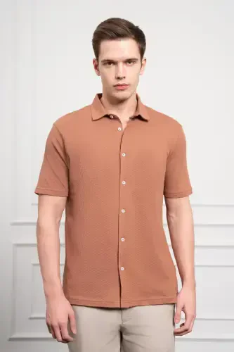 Modazone Erkak G'isht Rangi Trend Apache Yoqali Dynamic Fit Qisqa Yengli Ko'ylak 