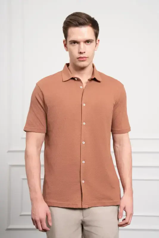 Modazone Erkak G'isht Rangi Trend Apache Yoqali Dynamic Fit Qisqa Yengli Ko'ylak - 1