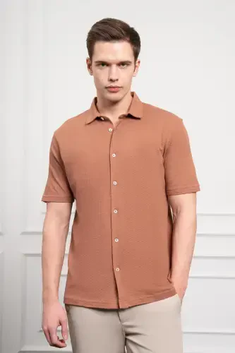 Modazone Erkak G'isht Rangi Trend Apache Yoqali Dynamic Fit Qisqa Yengli Ko'ylak - 3