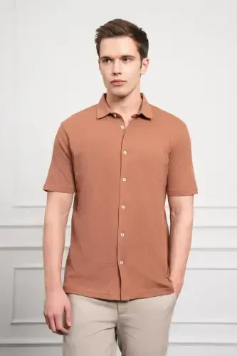 Modazone Erkak G'isht Rangi Trend Apache Yoqali Dynamic Fit Qisqa Yengli Ko'ylak - 4