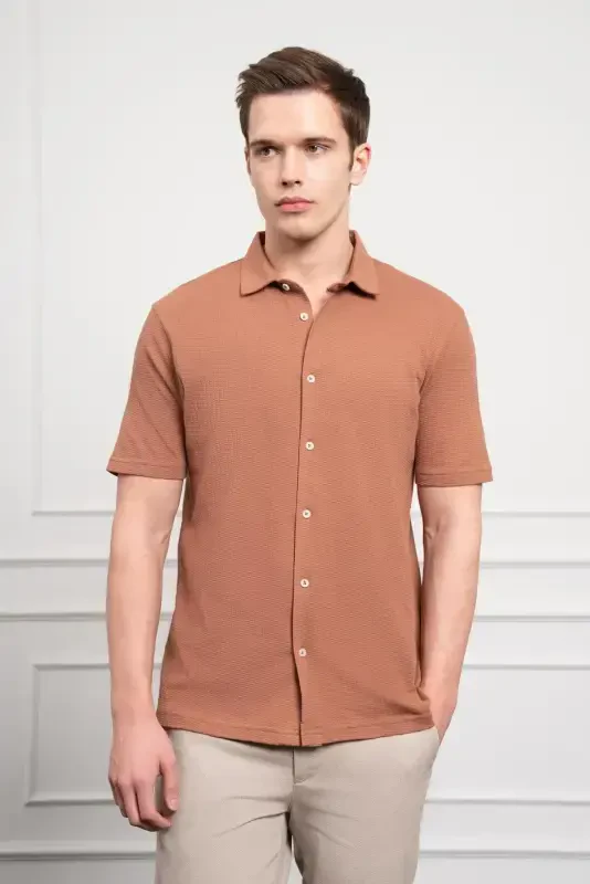 Modazone Erkak G'isht Rangi Trend Apache Yoqali Dynamic Fit Qisqa Yengli Ko'ylak - 4