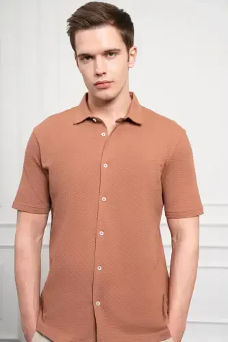 Modazone Erkak G'isht Rangi Trend Apache Yoqali Dynamic Fit Qisqa Yengli Ko'ylak - 5