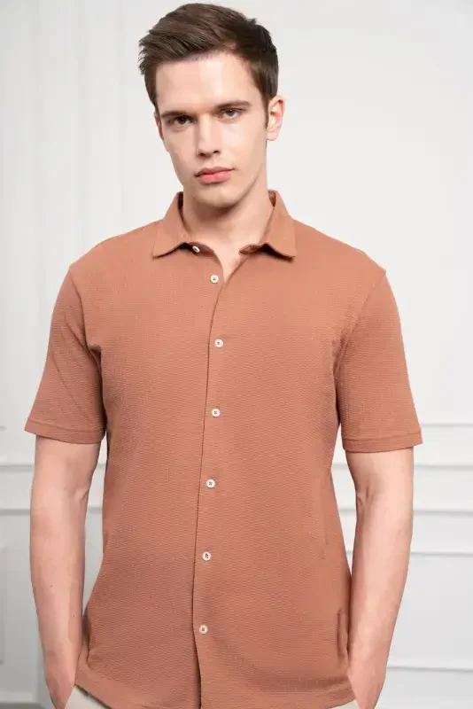 Modazone Erkak G'isht Rangi Trend Apache Yoqali Dynamic Fit Qisqa Yengli Ko'ylak - 5