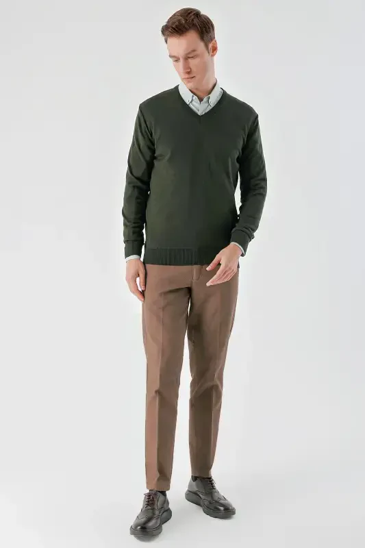 Modazone Erkak Haki Basic V Yoqa Dynamic Fit Qulay Kesim Triko - 5