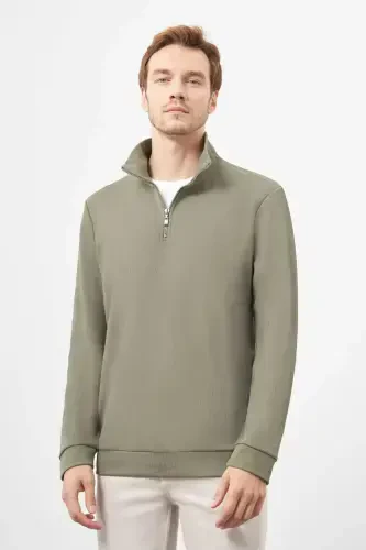 Modazone Erkak Haki Fermuarlı Bato Yaka Sweat-Shirt - 1
