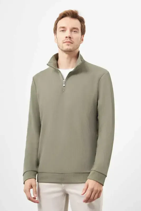 Modazone Erkak Haki Fermuarlı Bato Yaka Sweat-Shirt - 1