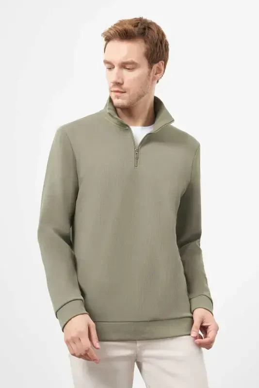Modazone Erkak Haki Fermuarlı Bato Yaka Sweat-Shirt - 2