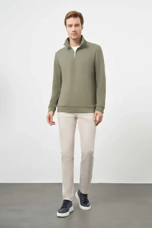 Modazone Erkak Haki Fermuarlı Bato Yaka Sweat-Shirt - 5