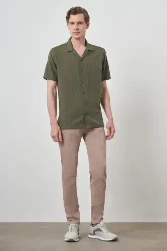 Modazone Erkak Haki Keten Regular Fit Apash Yoqa Qisqa Qol Ko'ylak - MORVEN (1)