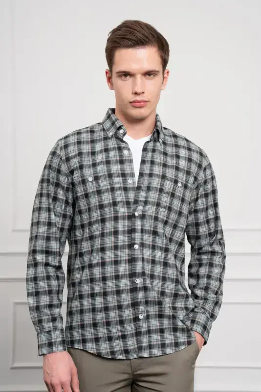 Modazone Erkak Haki Qishki Tugmali Yoqali Regular Fit Ko'ylak - 4