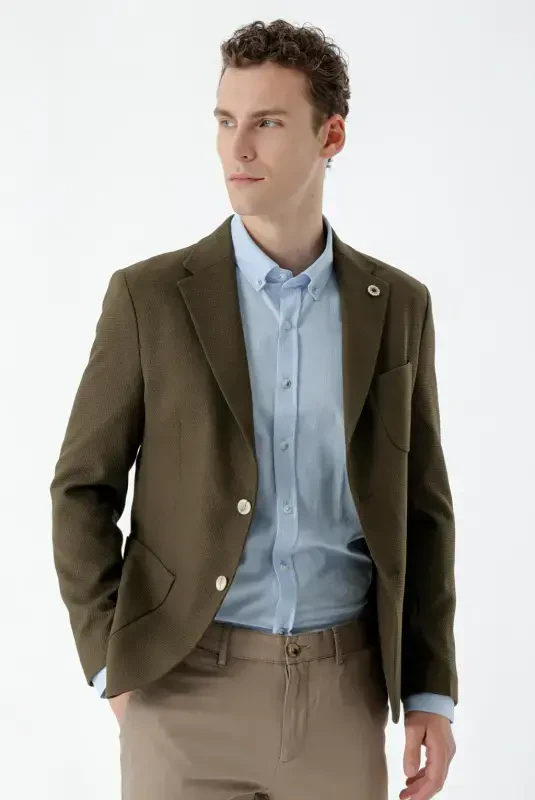 Modazone Erkak Haki To‘quv Slim Fit Tor Ko‘zli Cho‘ntak Mono Yoqali Sport Kurtka - 3