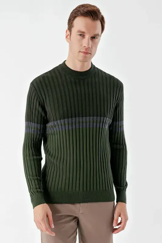 Modazone Erkak Haki Trend Panelli Bato Yoqali Dynamic Fit Qulay Kesimli Triko - 3