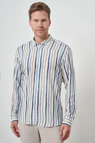 Modazone Erkak Indigo Zig'ir Chiziqli Naqshli Tugmali Yoqali Slim Fit Ko'ylak - 1