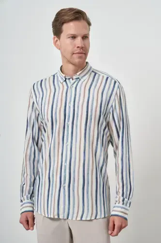 Modazone Erkak Indigo Zig'ir Chiziqli Naqshli Tugmali Yoqali Slim Fit Ko'ylak - MORVEN (1)