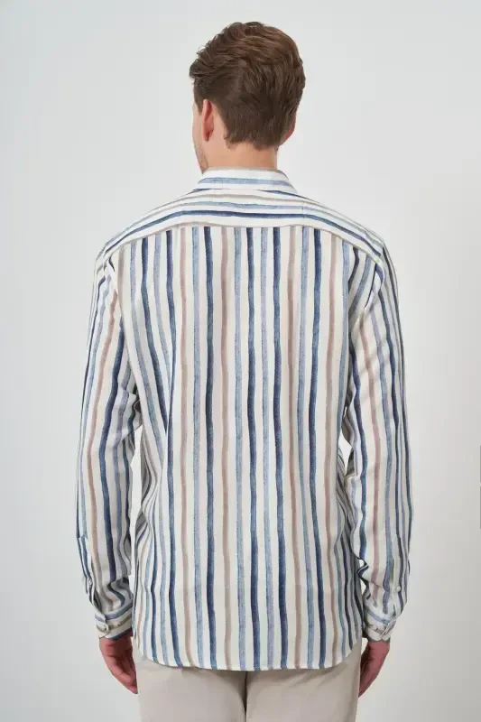 Modazone Erkak Indigo Zig'ir Chiziqli Naqshli Tugmali Yoqali Slim Fit Ko'ylak - 4