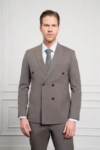 Modazone Erkak KAHVA Trend Slim Fit Sivri Yoqa Kruvaze Takim Elbise 