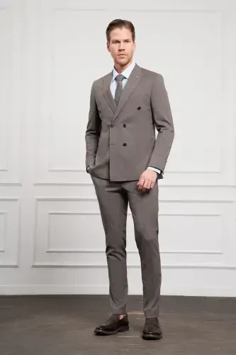 Modazone Erkak KAHVA Trend Slim Fit Sivri Yoqa Kruvaze Takim Elbise - 3