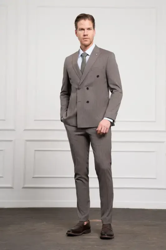 Modazone Erkak KAHVA Trend Slim Fit Sivri Yoqa Kruvaze Takim Elbise - 3
