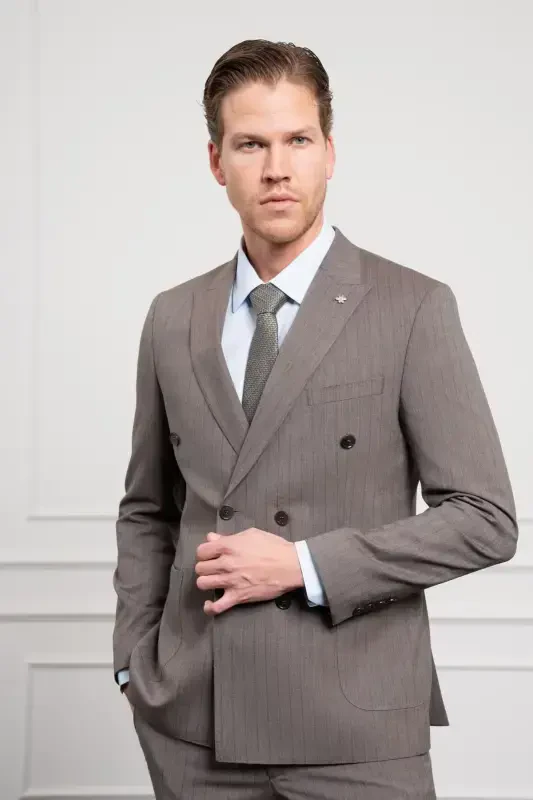 Modazone Erkak KAHVA Trend Slim Fit Sivri Yoqa Kruvaze Takim Elbise - 4