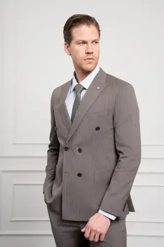 Modazone Erkak KAHVA Trend Slim Fit Sivri Yoqa Kruvaze Takim Elbise - 6