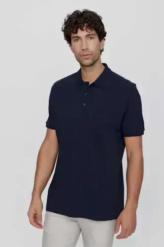 Modazone Erkak Ko'k Basic Tekis 100% Paxta Battal Katta Kisim Qisqa Yengli Polo Yoqali Футболка - 3