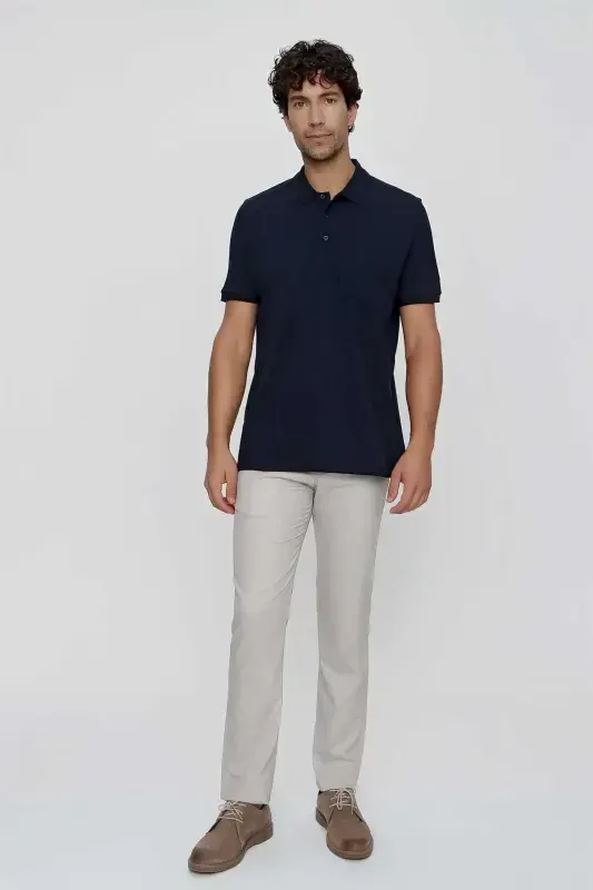 Modazone Erkak Ko'k Basic Tekis 100% Paxta Battal Katta Kisim Qisqa Yengli Polo Yoqali Футболка - 5